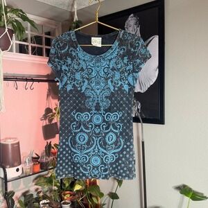 G Girl Mandala Print Short Sleeve T-Shirt Top Bohemian Festival‎ Dark Gray Blue